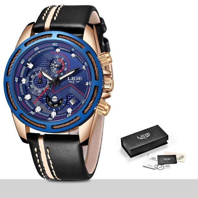 LIGE Luxury Men's Sport Quartz Watch – Leather, Waterproof, Business Style