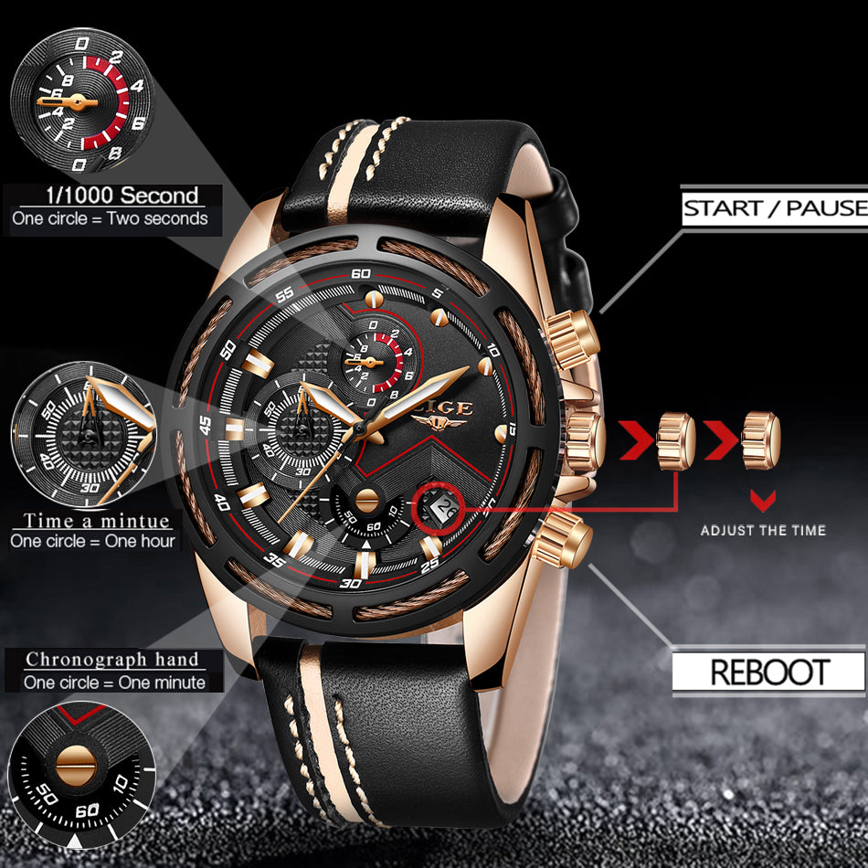 LIGE Luxury Men's Sport Quartz Watch – Leather, Waterproof, Business Style