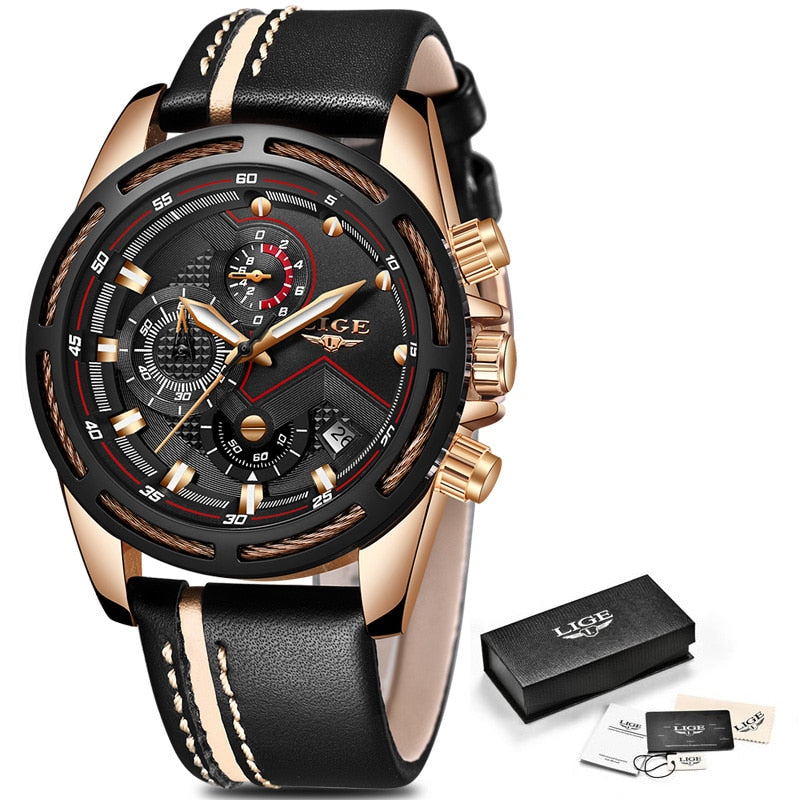 LIGE Luxury Men's Sport Quartz Watch – Leather, Waterproof, Business Style