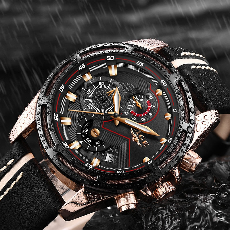 LIGE Luxury Men's Sport Quartz Watch – Leather, Waterproof, Business Style
