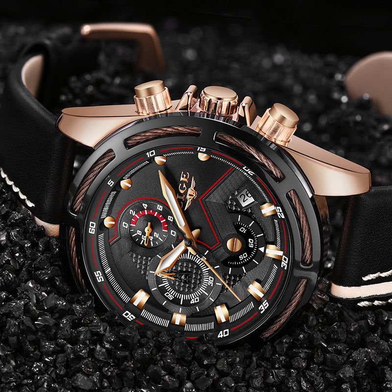 LIGE Luxury Men's Sport Quartz Watch – Leather, Waterproof, Business Style