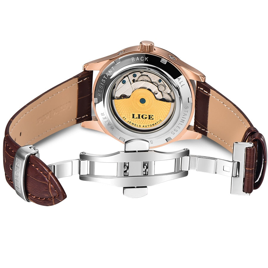 LIGE Men’s Automatic Mechanical Watch – Tourbillon Sports, Leather, Retro Business Style