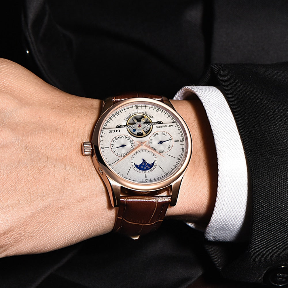 LIGE Men’s Automatic Mechanical Watch – Tourbillon Sports, Leather, Retro Business Style