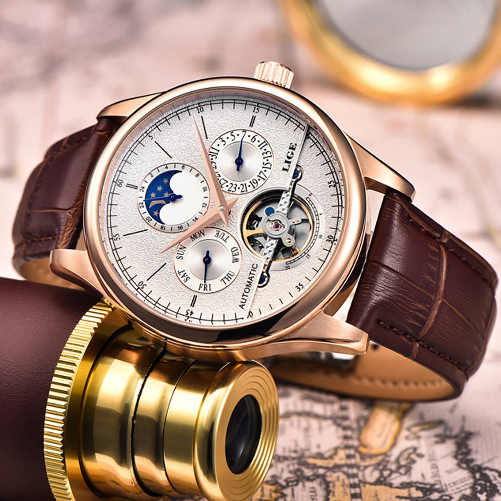LIGE Men’s Automatic Mechanical Watch – Tourbillon Sports, Leather, Retro Business Style