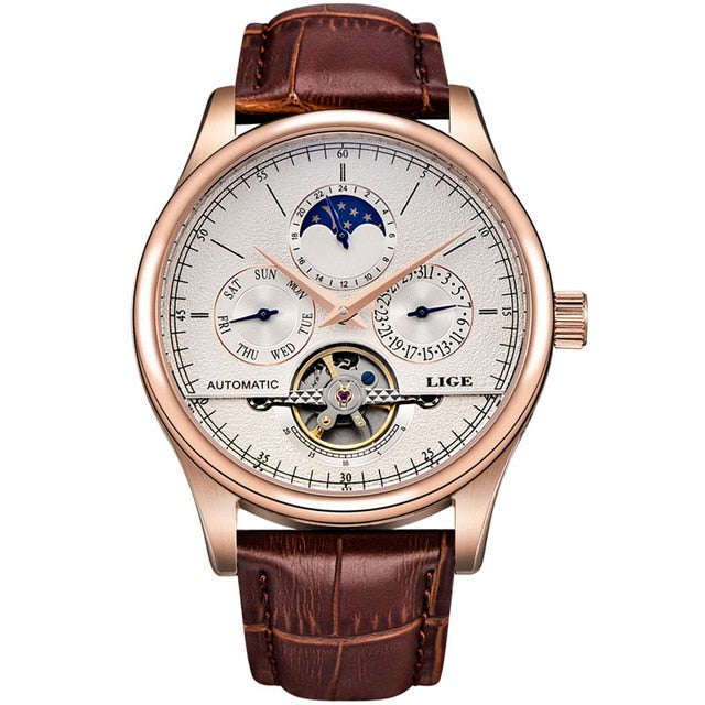 LIGE Men’s Automatic Mechanical Watch – Tourbillon Sports, Leather, Retro Business Style