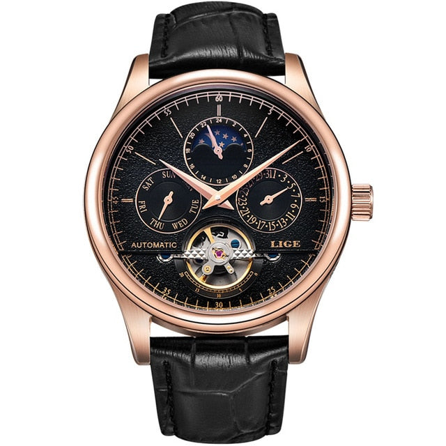 LIGE Men’s Automatic Mechanical Watch – Tourbillon Sports, Leather, Retro Business Style