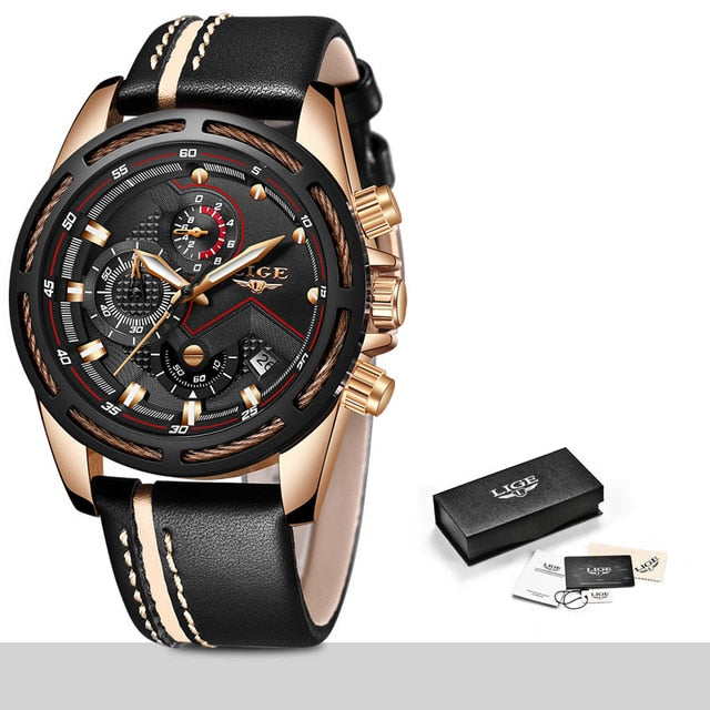 LIGE Luxury Men's Sport Quartz Watch – Leather, Waterproof, Business Style