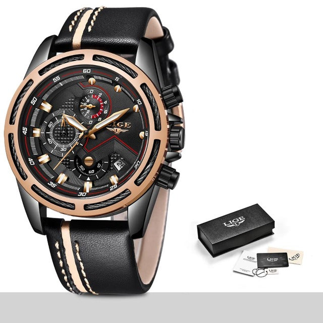 LIGE Luxury Men's Sport Quartz Watch – Leather, Waterproof, Business Style