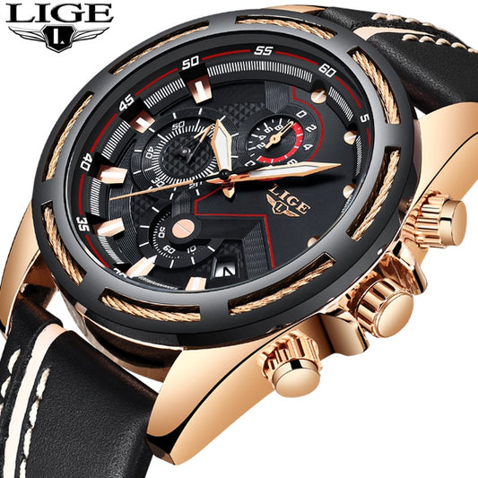 LIGE Luxury Men's Sport Quartz Watch – Leather, Waterproof, Business Style