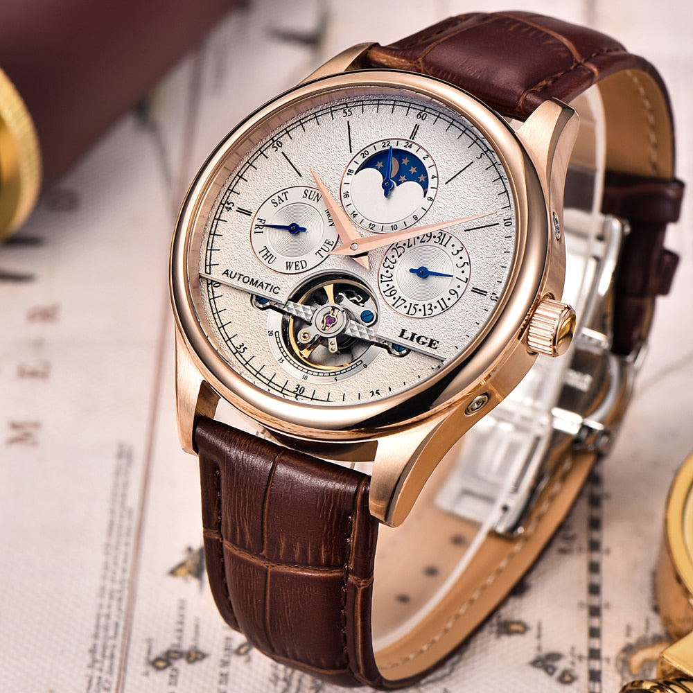 LIGE Men’s Automatic Mechanical Watch – Tourbillon Sports, Leather, Retro Business Style