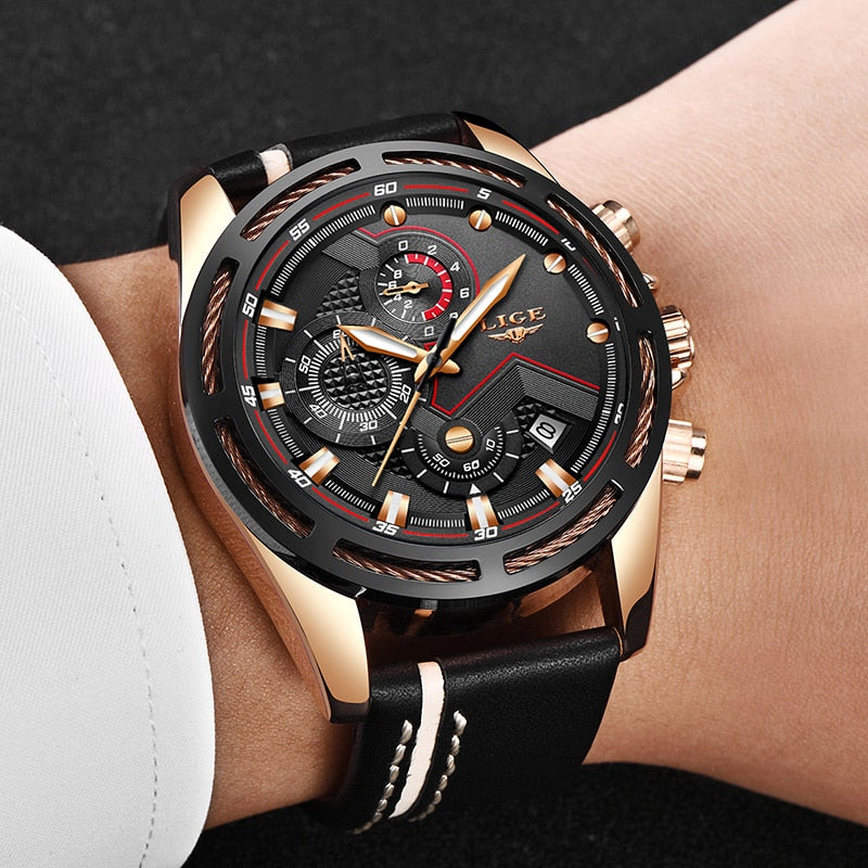 LIGE Luxury Men's Sport Quartz Watch – Leather, Waterproof, Business Style