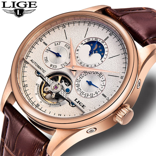 LIGE Men’s Automatic Mechanical Watch – Tourbillon Sports, Leather, Retro Business Style