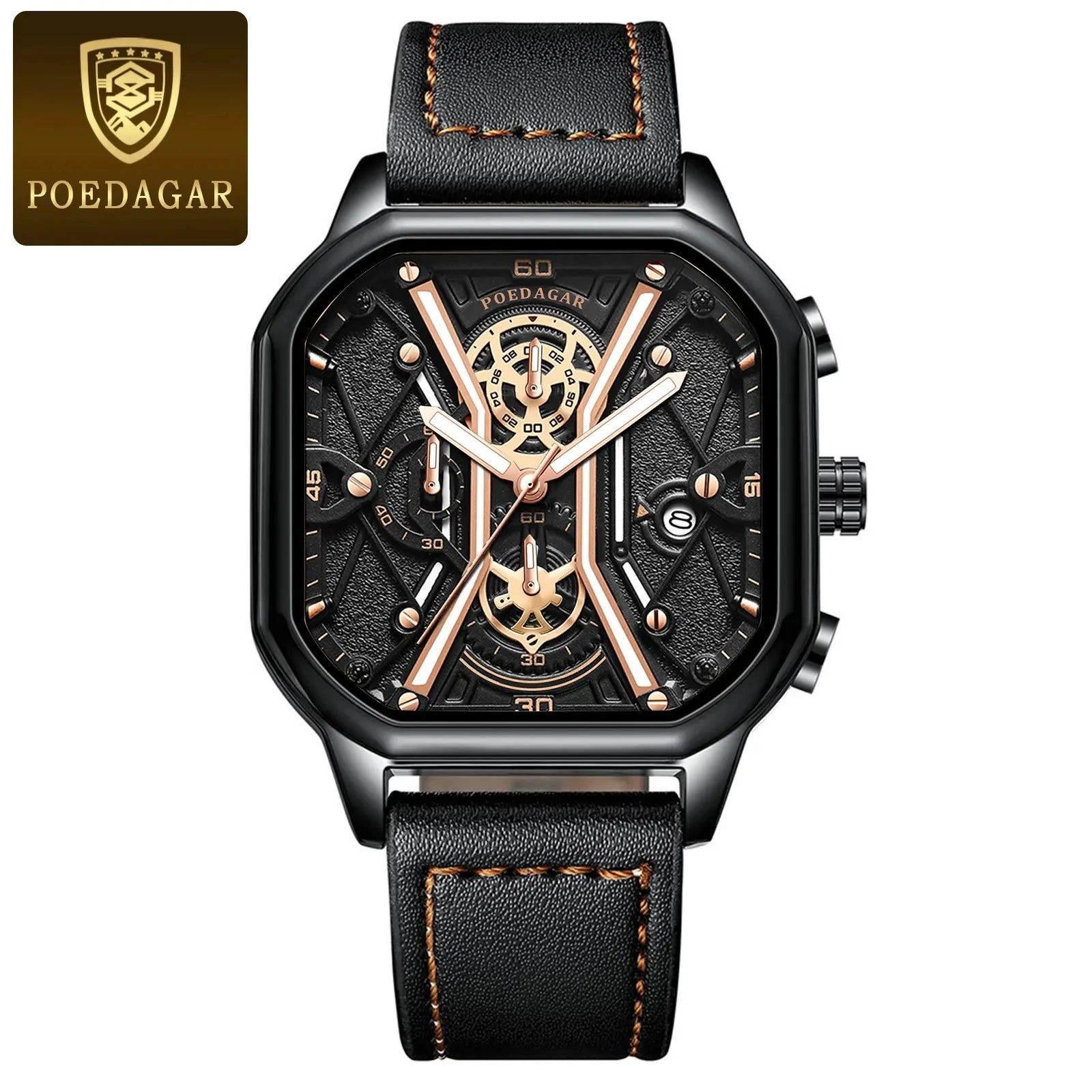 2023 for POEDAGAR 922 Luxury Fashion Men's Watch Waterproof Business Square Quartz with Luminous Date Leather Strap 22mm Alloy C-7