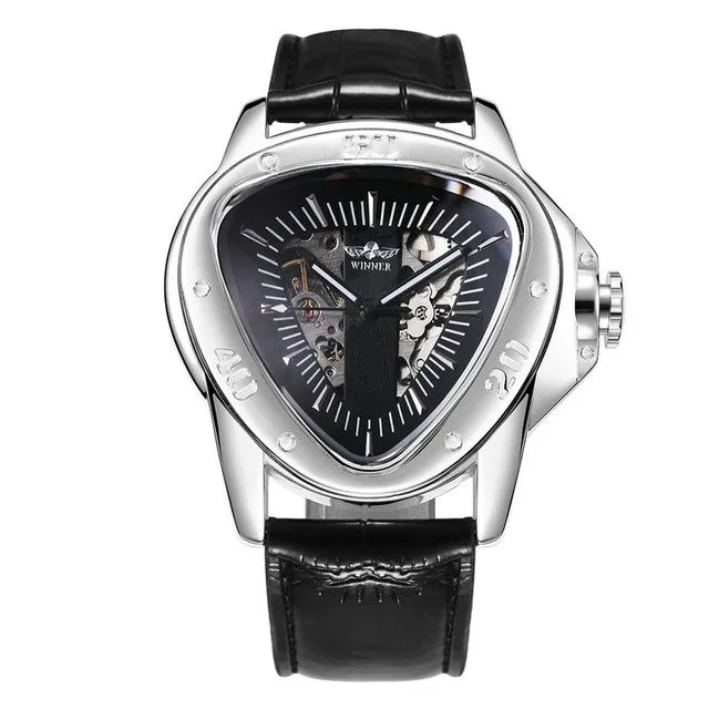 Winner Fashion Men Skeleton Auto Mechanical Watch Leather Strap Inverted Triangle Shaped Case Dial Cool Style Best Gift-13