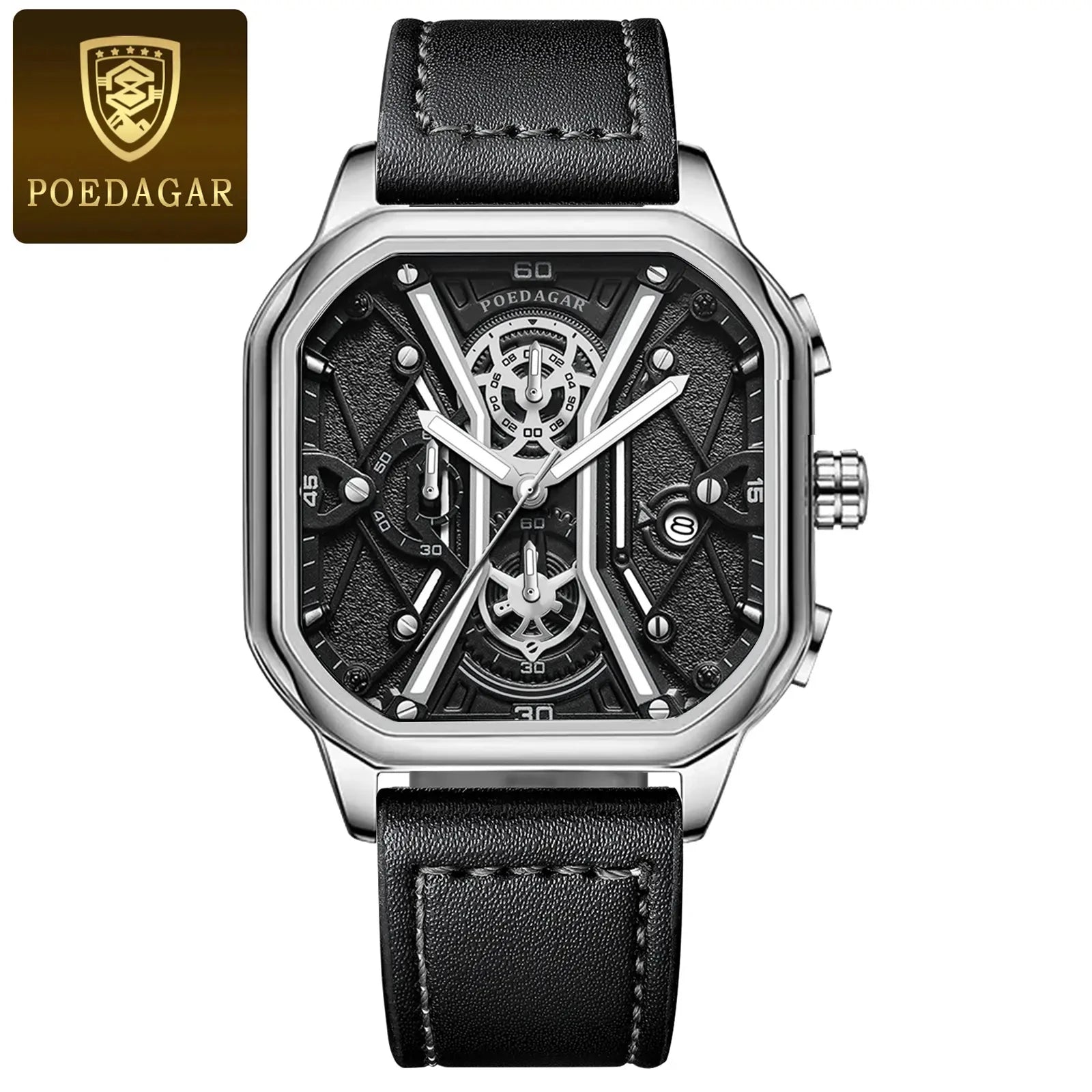 2023 for POEDAGAR 922 Luxury Fashion Men's Watch Waterproof Business Square Quartz with Luminous Date Leather Strap 22mm Alloy C-4