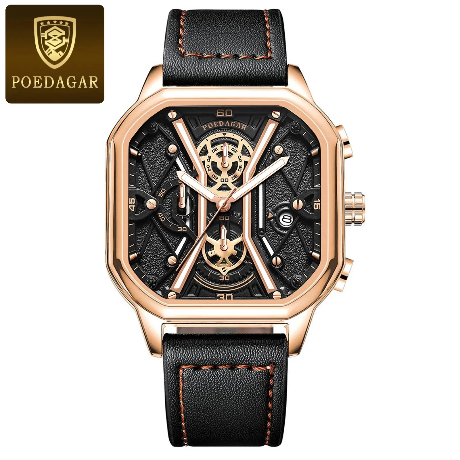 2023 for POEDAGAR 922 Luxury Fashion Men's Watch Waterproof Business Square Quartz with Luminous Date Leather Strap 22mm Alloy C-8