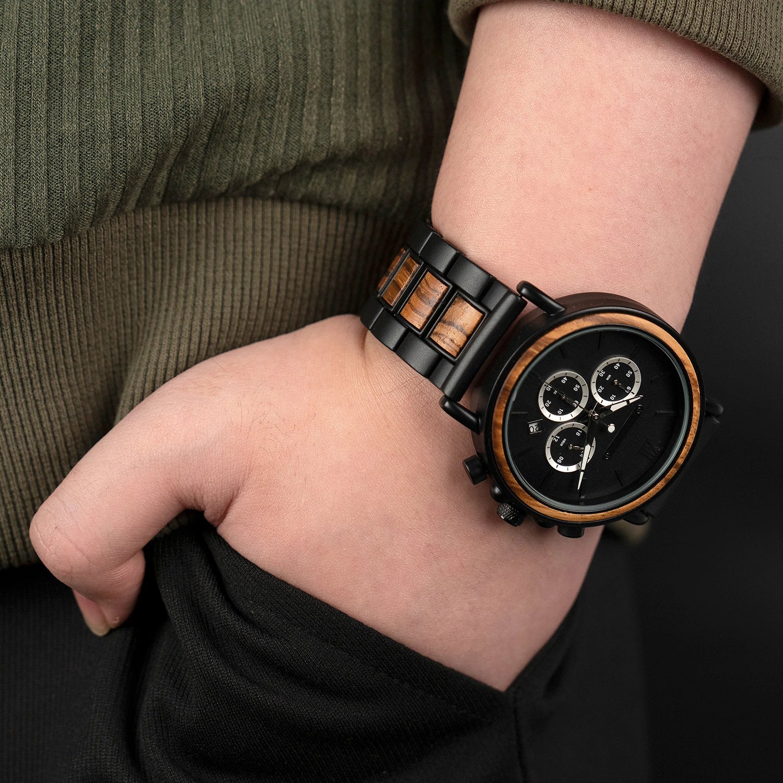 Chronograph Men's Stainless Steel Band Business Wristwatch Quartz Clock Wooden Watch with Luminous Pointers-3