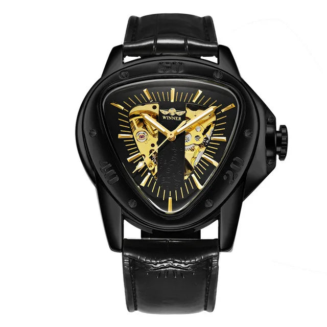 Winner Fashion Men Skeleton Auto Mechanical Watch Leather Strap Inverted Triangle Shaped Case Dial Cool Style Best Gift-7