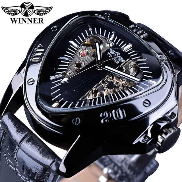 Winner Fashion Men Skeleton Auto Mechanical Watch Leather Strap Inverted Triangle Shaped Case Dial Cool Style Best Gift-3