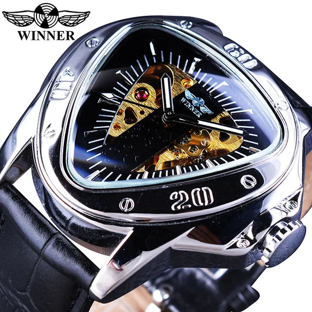 Winner Fashion Men Skeleton Auto Mechanical Watch Leather Strap Inverted Triangle Shaped Case Dial Cool Style Best Gift-4