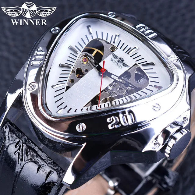 Winner Fashion Men Skeleton Auto Mechanical Watch Leather Strap Inverted Triangle Shaped Case Dial Cool Style Best Gift-5