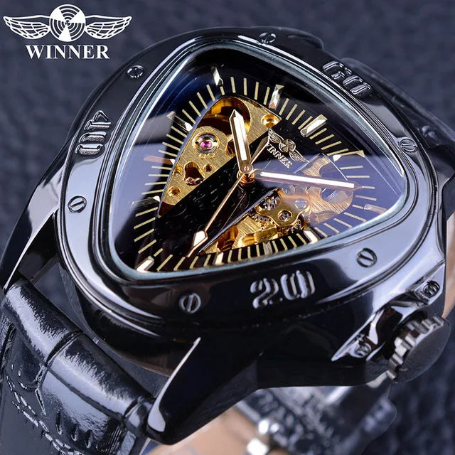 Winner Fashion Men Skeleton Auto Mechanical Watch Leather Strap Inverted Triangle Shaped Case Dial Cool Style Best Gift-1