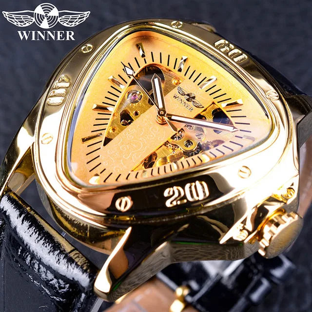 Winner Fashion Men Skeleton Auto Mechanical Watch Leather Strap Inverted Triangle Shaped Case Dial Cool Style Best Gift-2