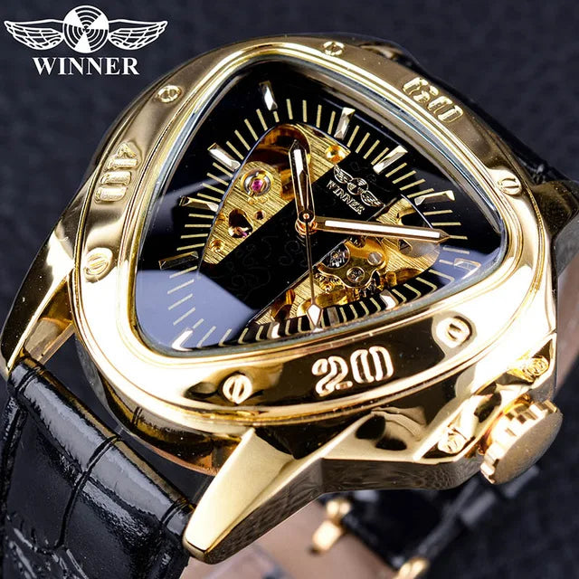 Winner Fashion Men Skeleton Auto Mechanical Watch Leather Strap Inverted Triangle Shaped Case Dial Cool Style Best Gift-0