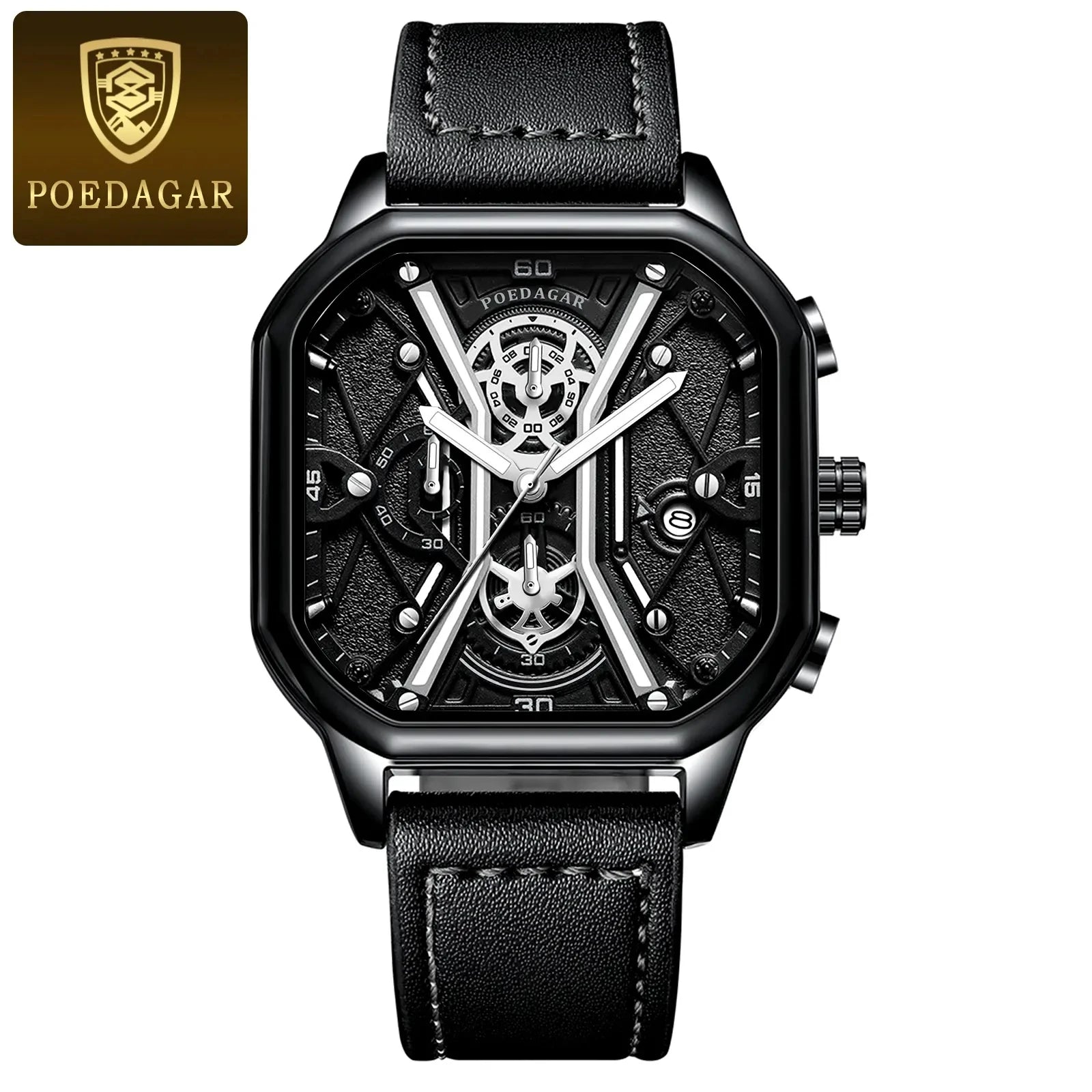 2023 for POEDAGAR 922 Luxury Fashion Men's Watch Waterproof Business Square Quartz with Luminous Date Leather Strap 22mm Alloy C-3