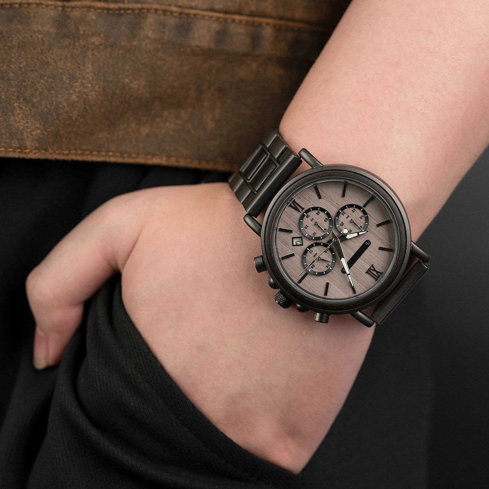 Chronograph Men's Stainless Steel Band Business Wristwatch Quartz Clock Wooden Watch with Luminous Pointers-2