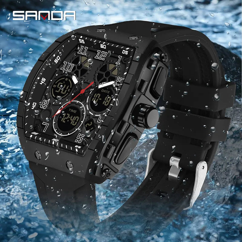 SANDA 6157 News Style Sport Wrist Watch Men Wristwatch LED Digital Quartz Dual Display Male Watch Waterproof-2