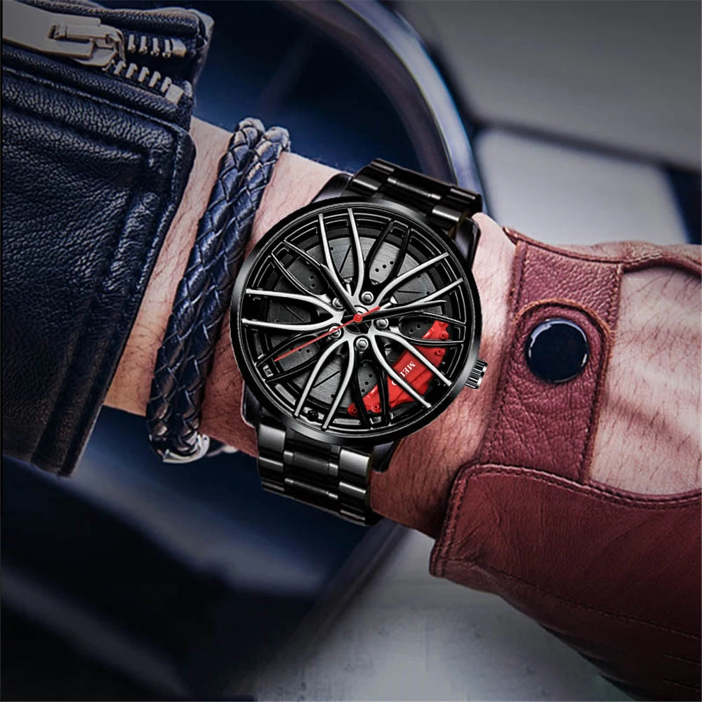 2022 Men's New Cross-border Hot Christmas Style Quartz Luxury Rotating Sports Car Wheel Luminous Business Watch MW02-2