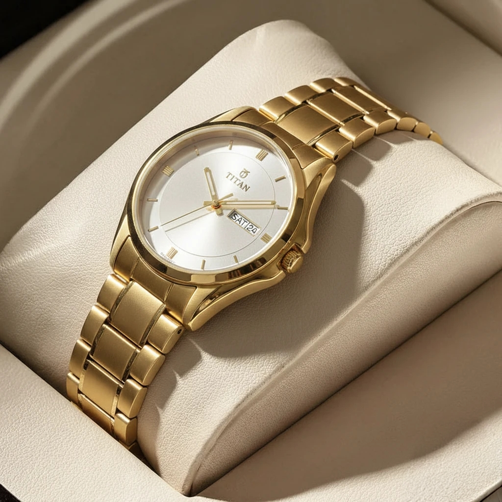 STYLISH TITAN ANALOG WATCH WITH DAY & DATE - GOLDEN