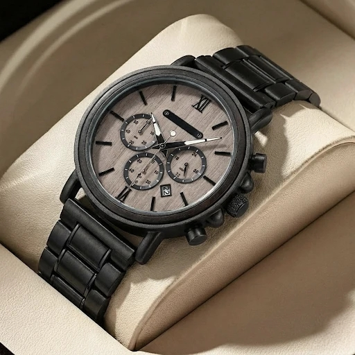 Chronograph Men's Stainless Steel Band Business Wristwatch Quartz Clock Wooden Watch with Luminous Pointers