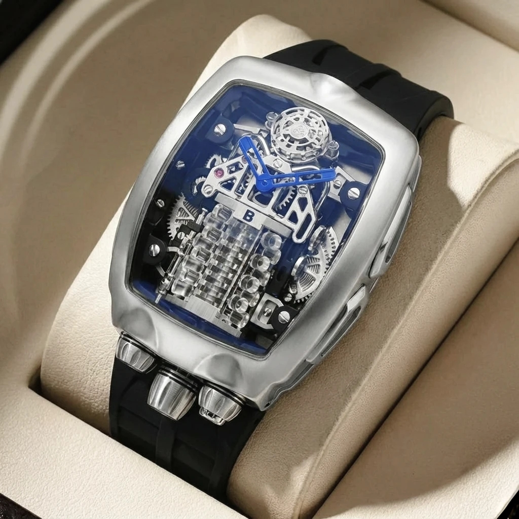 Luxury High Quality Jacob W16 Automatic Stainless Steel Mechanical Waterproof Glass Bugatti Chiron Engine Watch for Men