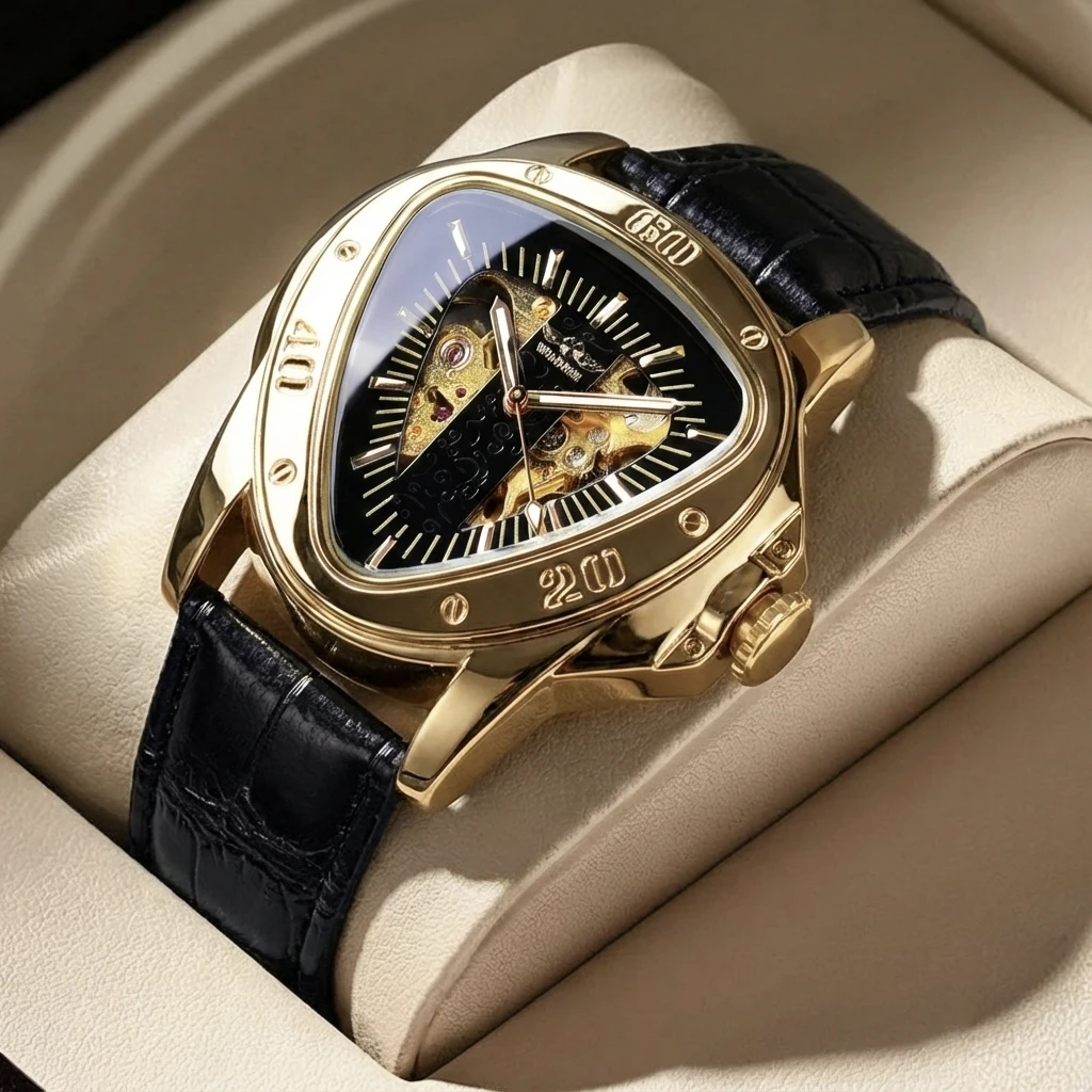 Winner Fashion Men Skeleton Auto Mechanical Watch Leather Strap Inverted Triangle Shaped Case Dial Cool Style Best Gift