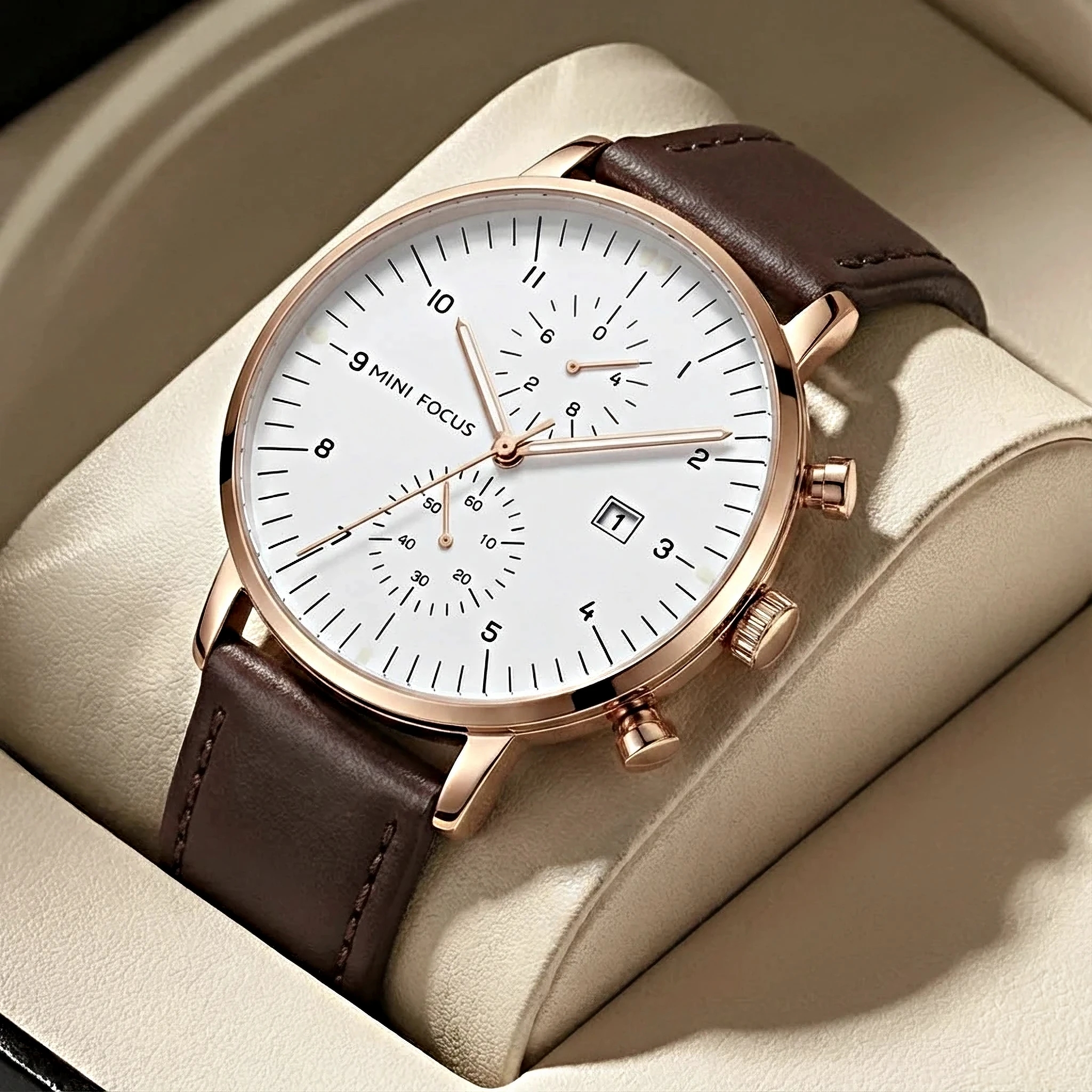 Mini Focus MF0052G MF 0052 Fashion Leather Strap Men Brand Quartz Watch Chronograph Waterproof Wristwatch for Men Montre Relojes