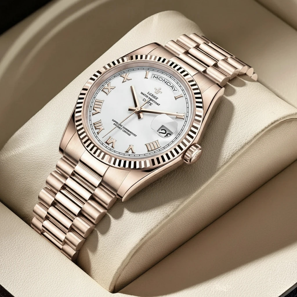 LGXIGE LM021A Fashion Golden Gents Quartz Watch Hot Sale Stainless Steel Band Waterproof Calendar Simple Business Wristwatch