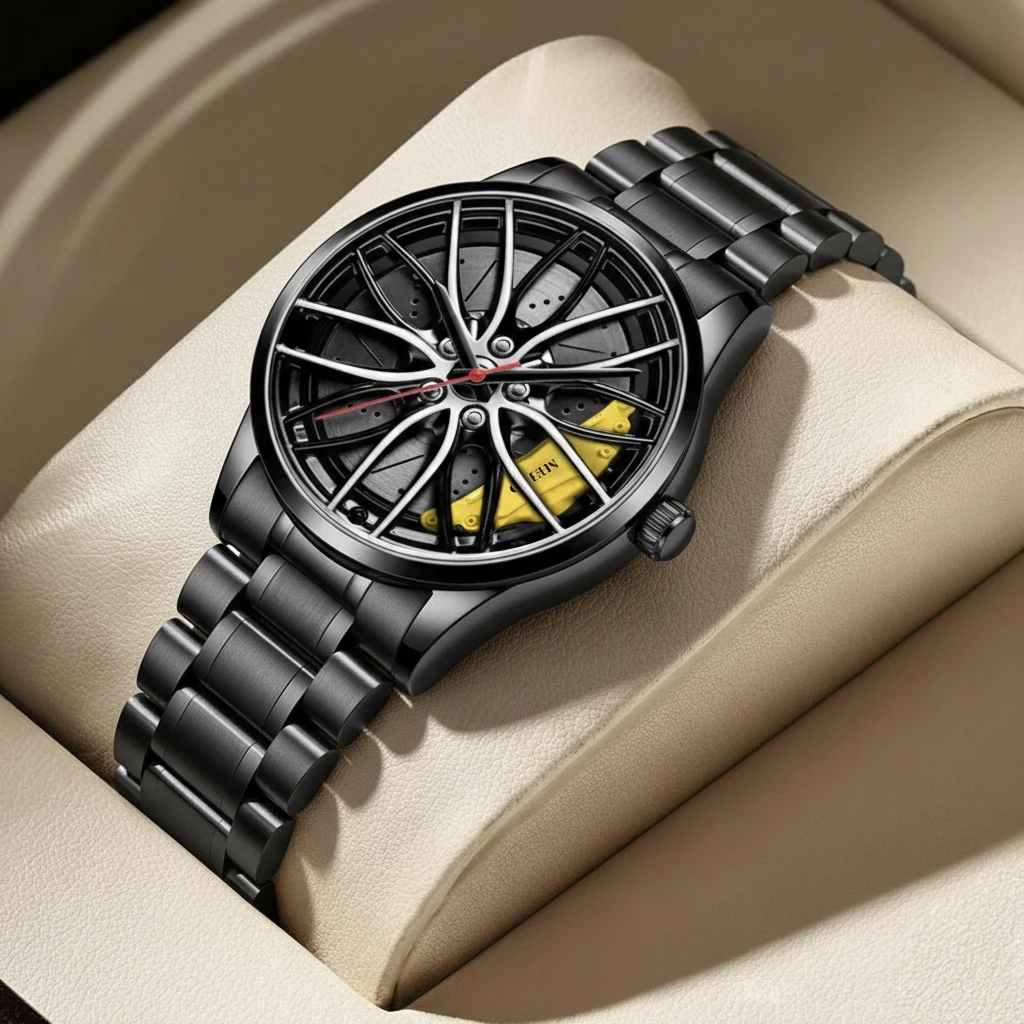 2022 Men's New Cross-border Hot Christmas Style Quartz Luxury Rotating Sports Car Wheel Luminous Business Watch MW02